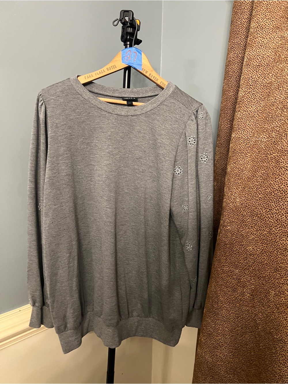 torrid Gray Crewneck Sweater with Embroidered Sleeve Accents